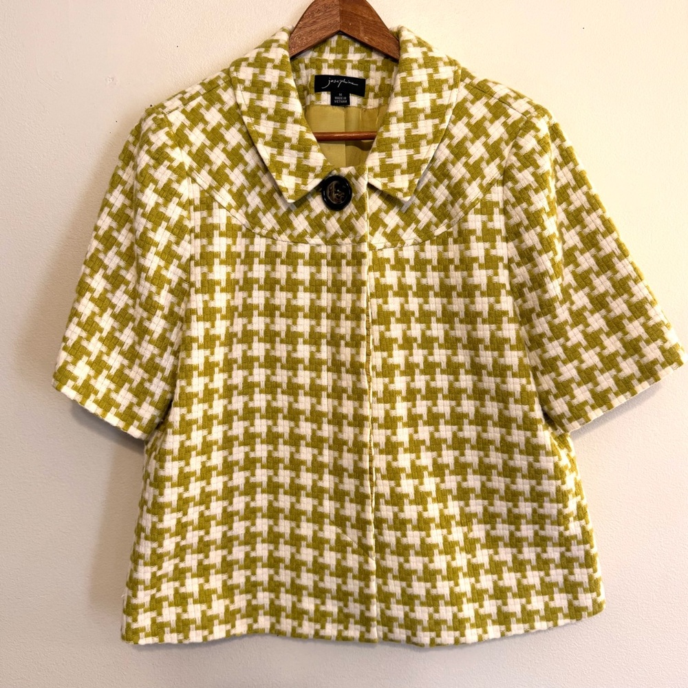 Josephine Tweed Jacket Womens 14 Green Houndstooth Short Sleeve Button Up Lined